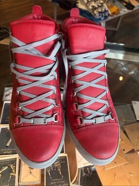Balenciaga Red Leather High-Top Sneakers with Light Grey Laces